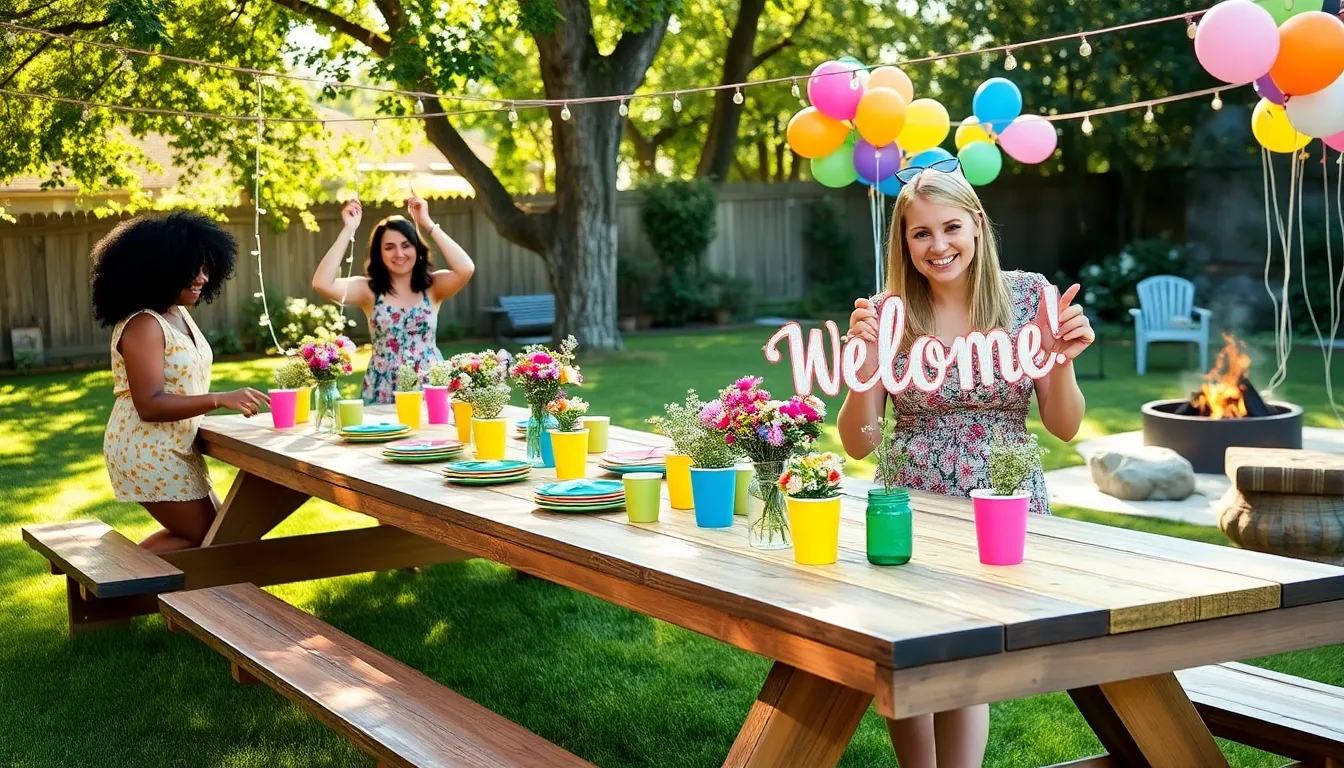 three women decorating a budget-friendly party setup in a backyard.