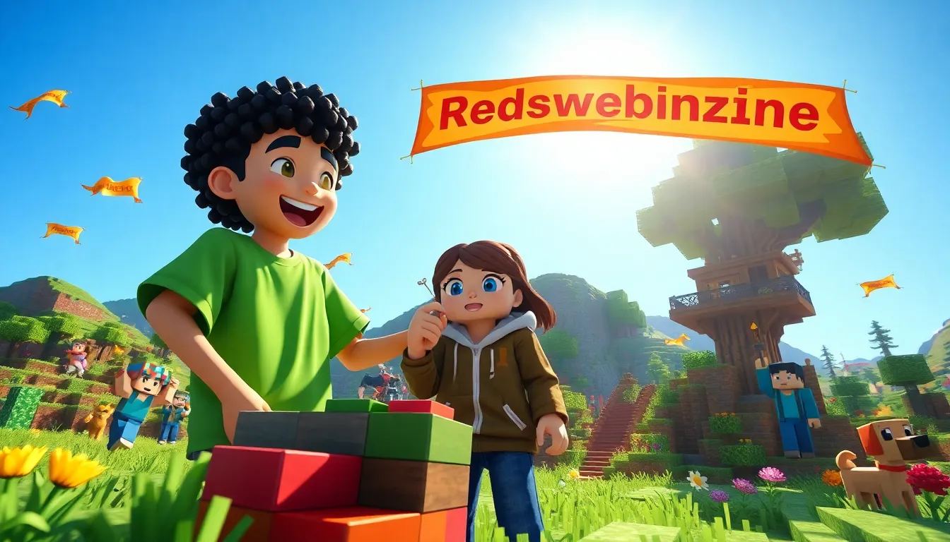 A group of Minecraft players building and collaborating in a vibrant game landscape.