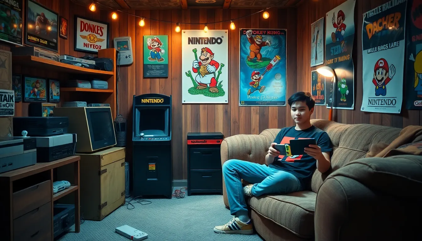 a gaming room filled with vintage Nintendo memorabilia and a player on a Switch.